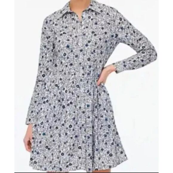 J Crew Factory Shirt Dress Womens Sz 8 Blue & White Floral Collared Mini Pockets - Picture 2 of 8